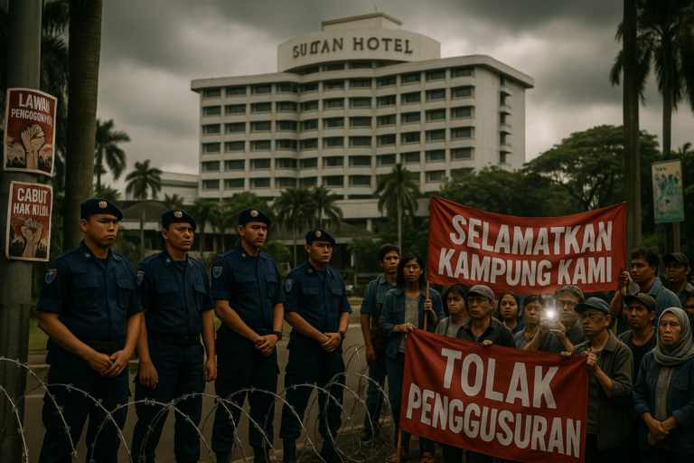 alt_text: Demonstran menolak eksekusi lahan di Hotel Sultan dengan spanduk protes di kerumunan besar.