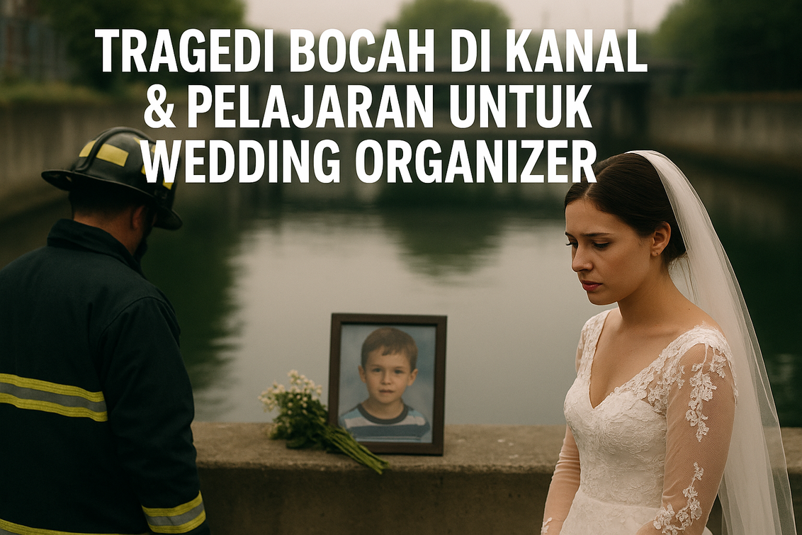 alt_text: Bocah jatuh di kanal saat acara pernikahan, jadi pelajaran penting bagi wedding organizer.