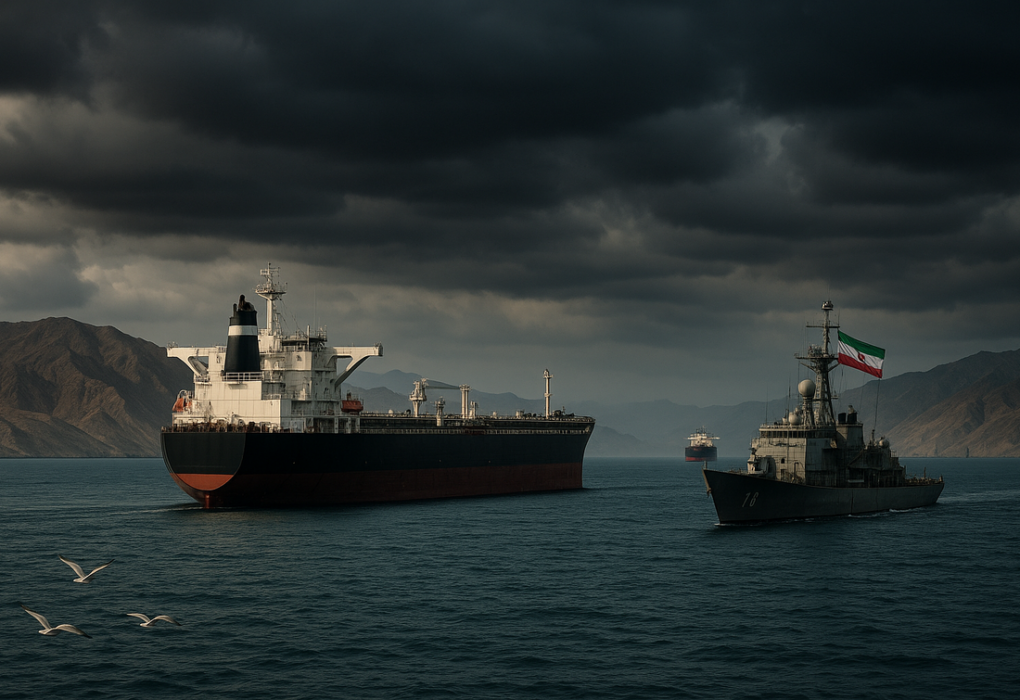 "alt_text": "Kapal tanker melintasi Selat Hormuz, harga minyak global melonjak akibat ketegangan regional."