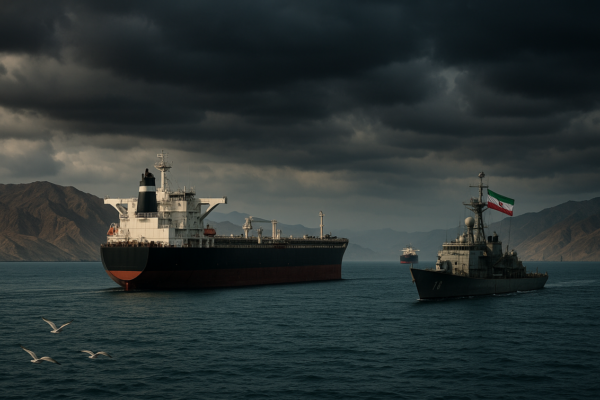 "alt_text": "Kapal tanker melintasi Selat Hormuz, harga minyak global melonjak akibat ketegangan regional."