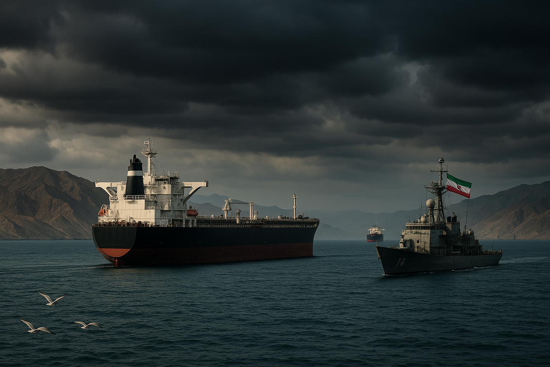 "alt_text": "Kapal tanker melintasi Selat Hormuz, harga minyak global melonjak akibat ketegangan regional."