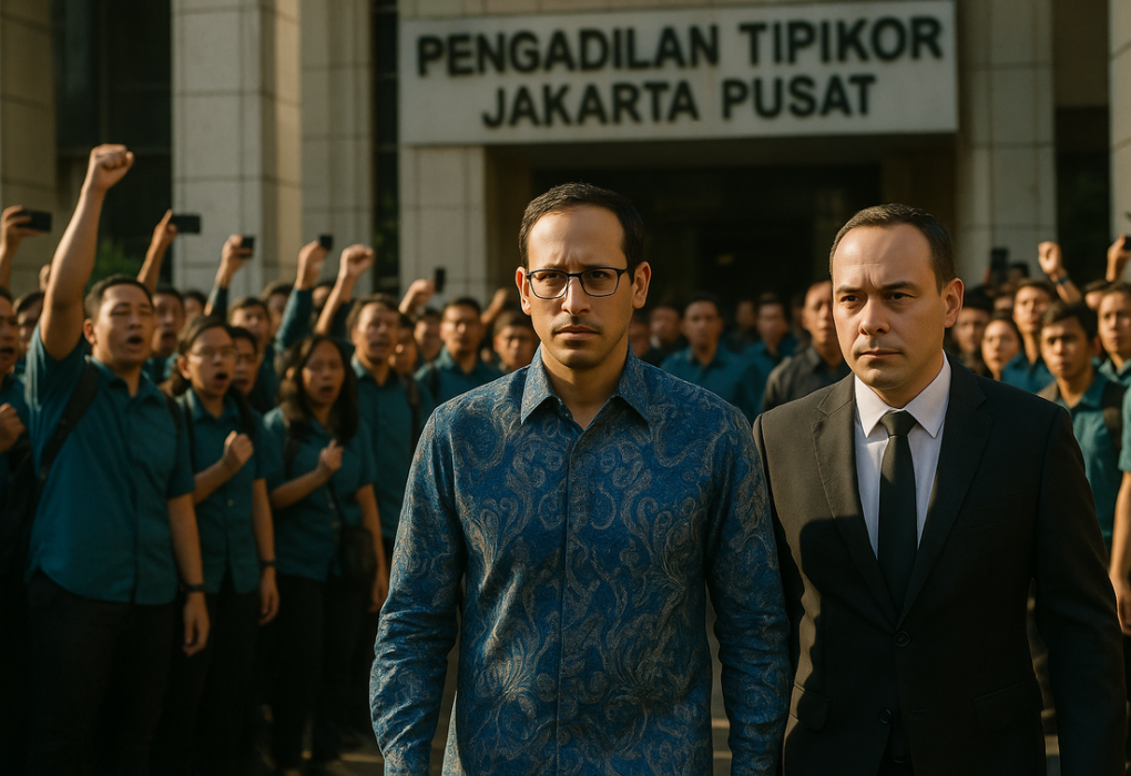 "alt_text": "Gambar Nadiem, simbol retaknya integritas kekuasaan dalam vonis yang diputuskan."