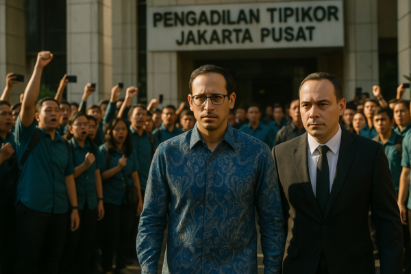 "alt_text": "Gambar Nadiem, simbol retaknya integritas kekuasaan dalam vonis yang diputuskan."
