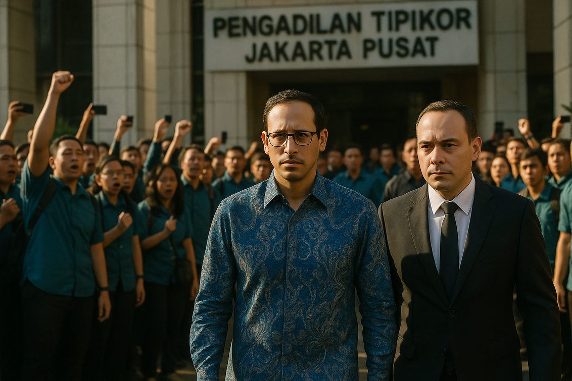 "alt_text": "Gambar Nadiem, simbol retaknya integritas kekuasaan dalam vonis yang diputuskan."