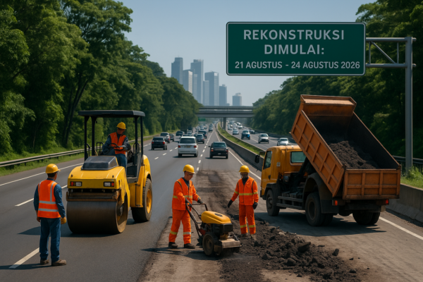 Rekonstruksi jalan tol Rorotan-Serpong berlangsung, alat berat dan pekerja terlihat sibuk di lokasi.